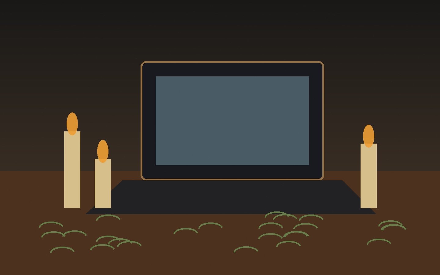Candles and dried herbs beside the glow of an open laptop