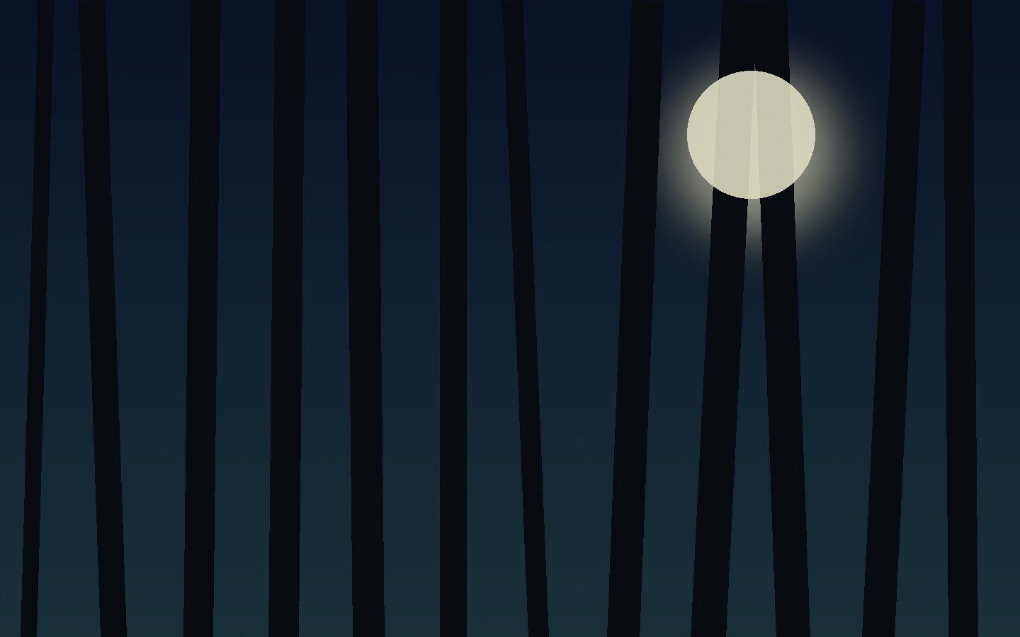 A moonlit wood filled with dark tree trunks